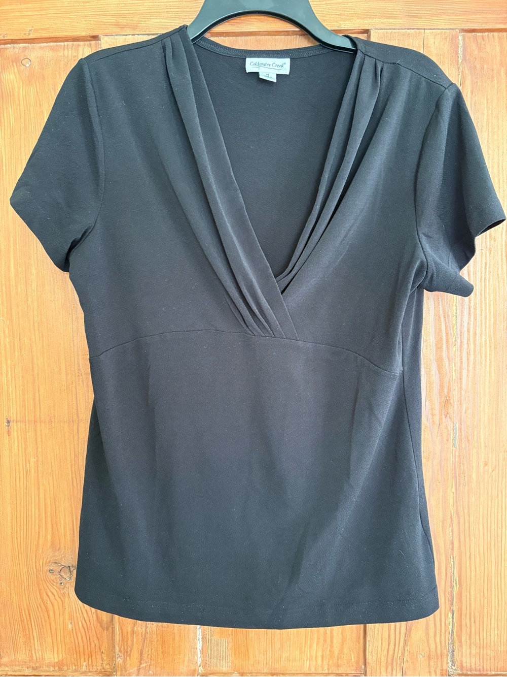 Coldwater Creek Black Draped V-Neck Short Sleeve Crepe Top Size M